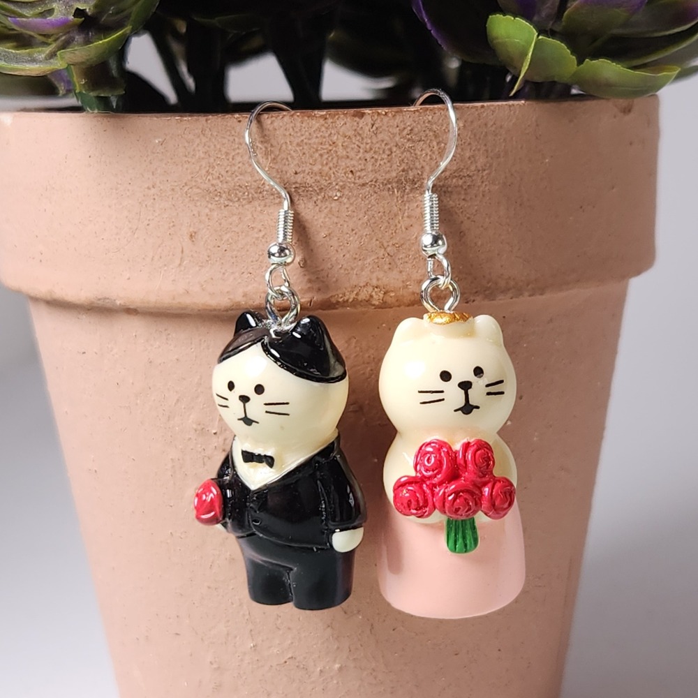 Cat Wedding Bride and Groom Mismatched Dangle Earrings Resin Jewelry 1.75"